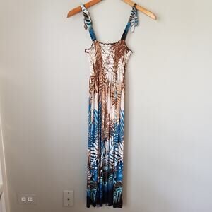 FC Blue and Brown Stretchy Smocked Flowy Dress